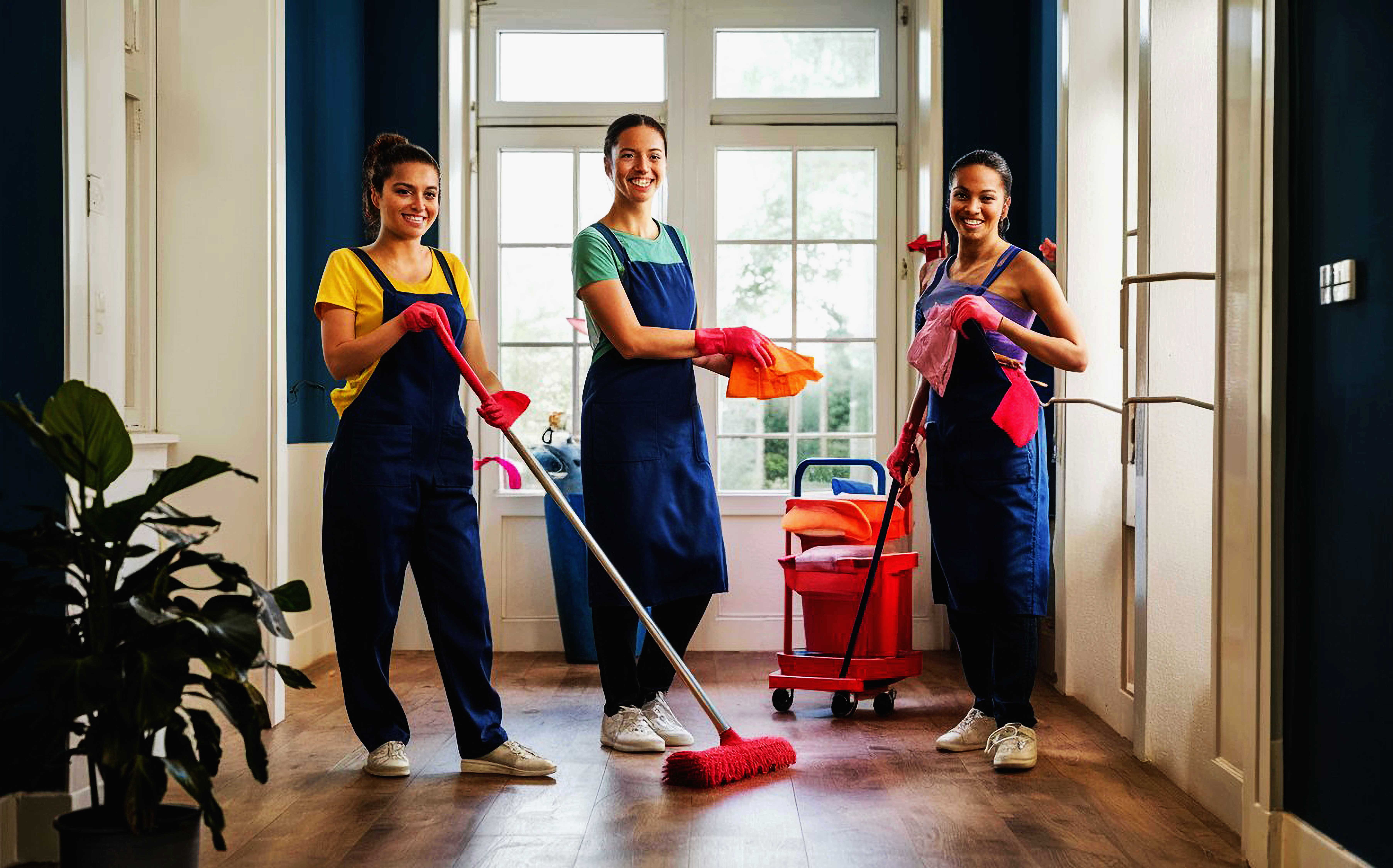 three-women-with-rubber-gloves-red-shopping-cart